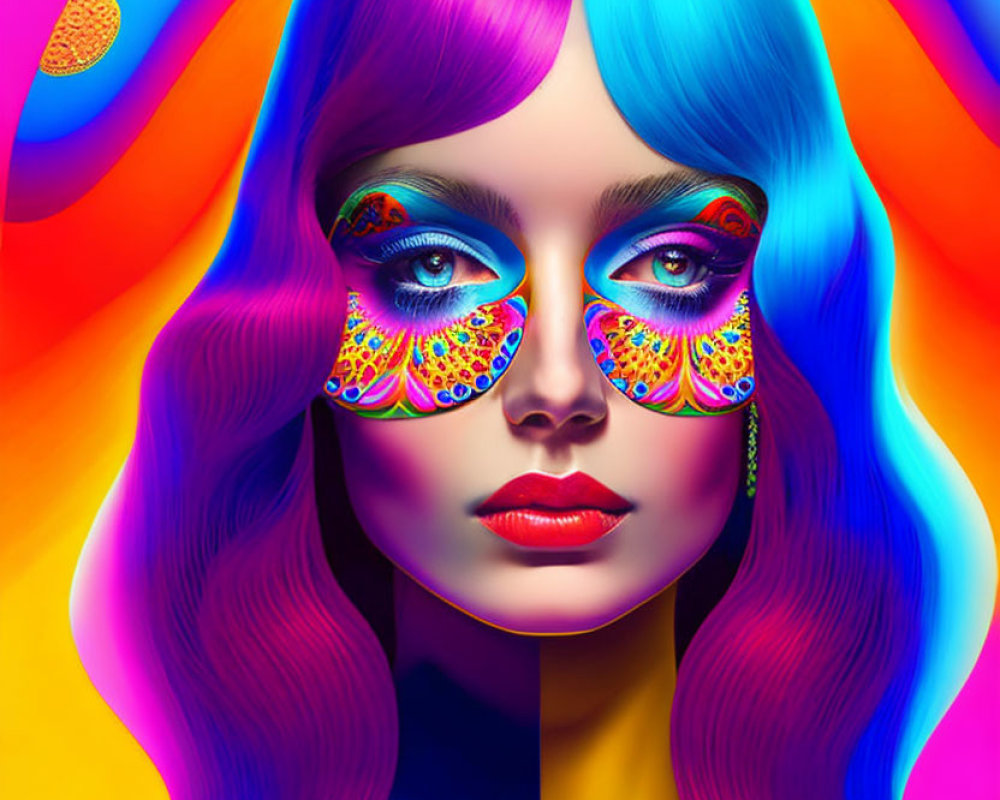 Colorful hair woman with butterfly wing makeup on vibrant digital art.