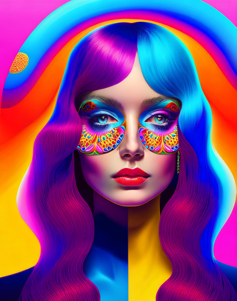 Colorful hair woman with butterfly wing makeup on vibrant digital art.