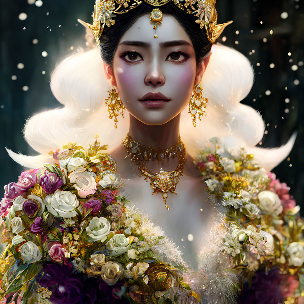 Ethereal woman with gold jewelry and roses on dark background