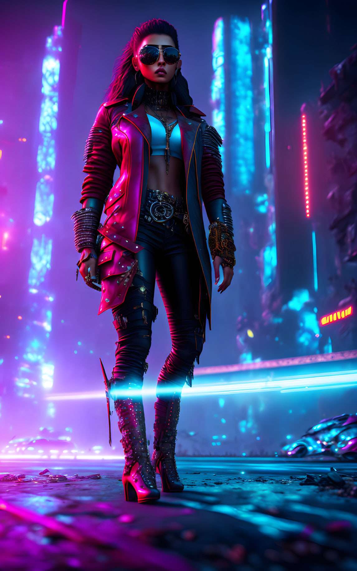 Futuristic attire woman in neon-lit urban setting exudes cyberpunk vibes