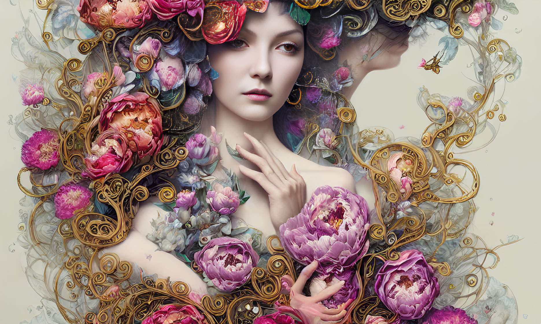 Digital Artwork: Woman with Pale Skin and Dark Hair in Elaborate Floral and Golden Filig