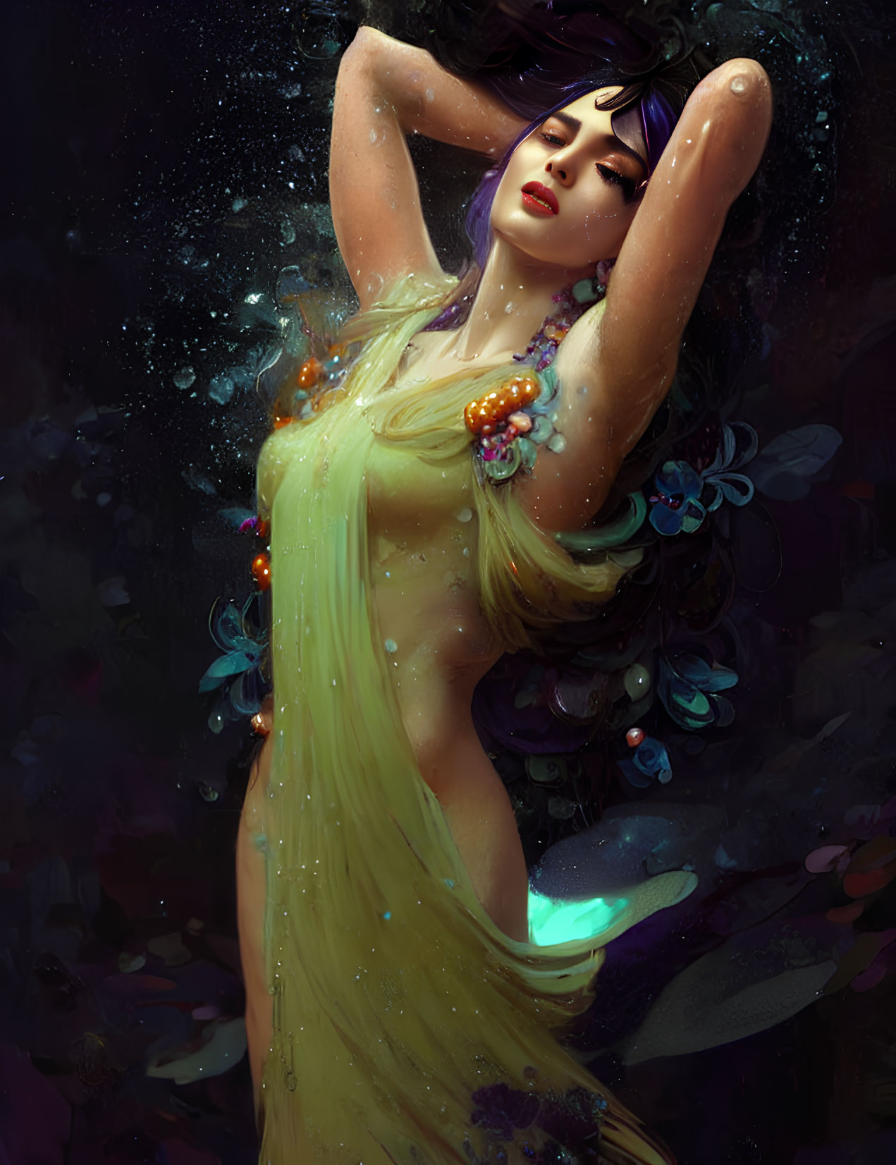 Fantasy illustration of woman with golden hair in mystical setting