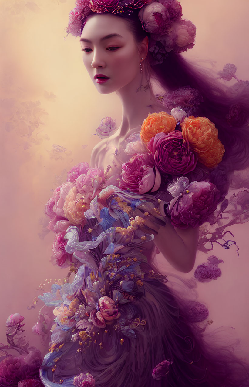 Woman in flowing gown with vibrant flowers against soft purple backdrop