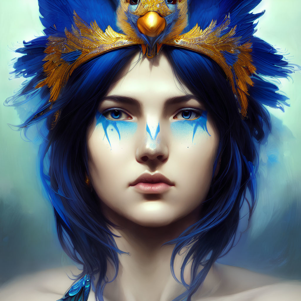Vibrant digital portrait of woman with blue hair and feathered headpiece