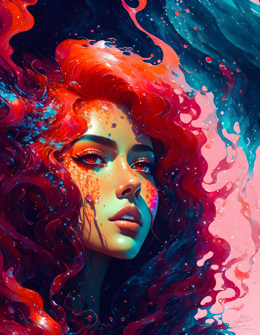 Colorful Illustration of Woman with Red Hair on Swirling Background