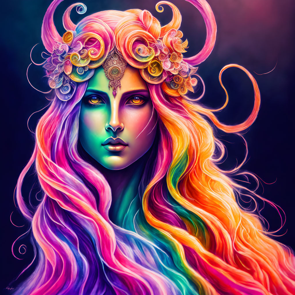 Mythical woman with rainbow hair and horns in colorful illustration