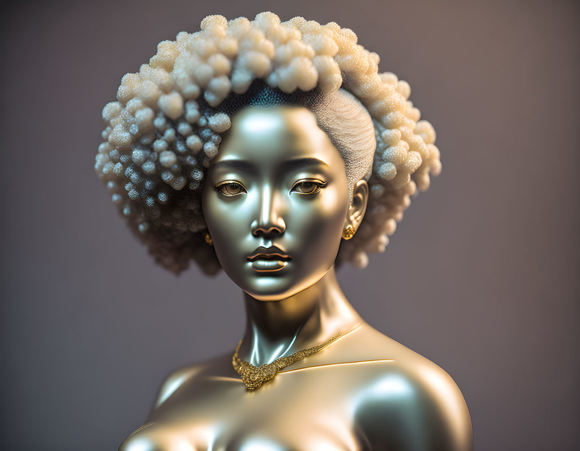 Digital art portrait of woman with spherical afro, golden skin, subtle makeup, minimal jewelry