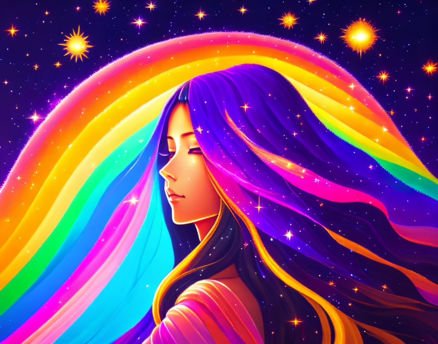 Colorful-haired woman blending into cosmic backdrop with stars