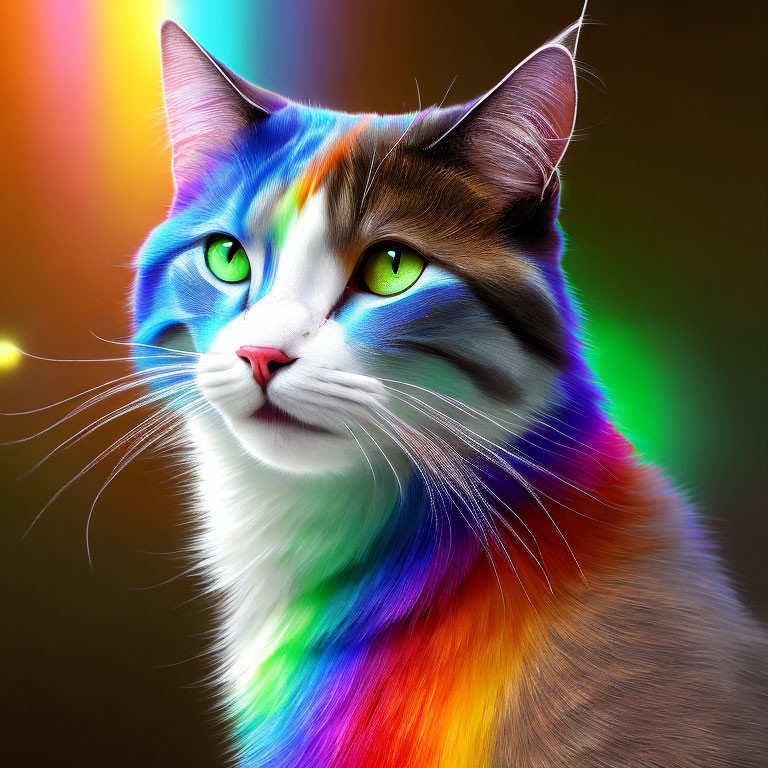 Colorful Rainbow Cat with Green Eyes on Multicolored Background