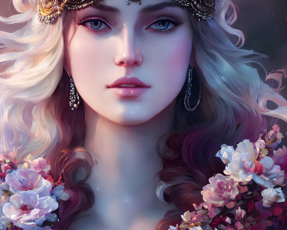 Digital portrait of woman with wavy hair and floral crown, blue eyes, surrounded by pink and white