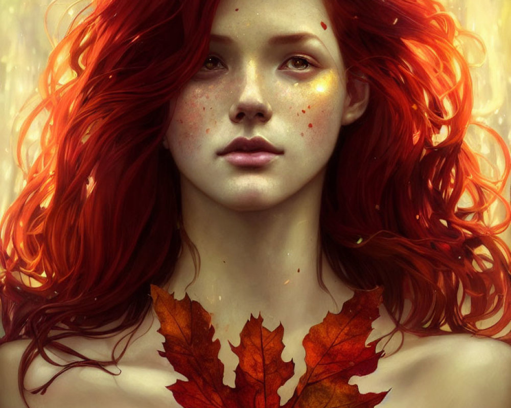 Vibrant red hair woman with freckles and maple leaf in golden light