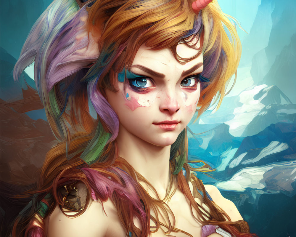 Colorful mythical female creature with horn and multicolored hair