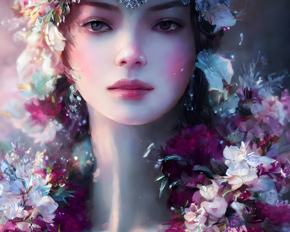 Fantasy portrait of woman with floral crown and ethereal aura