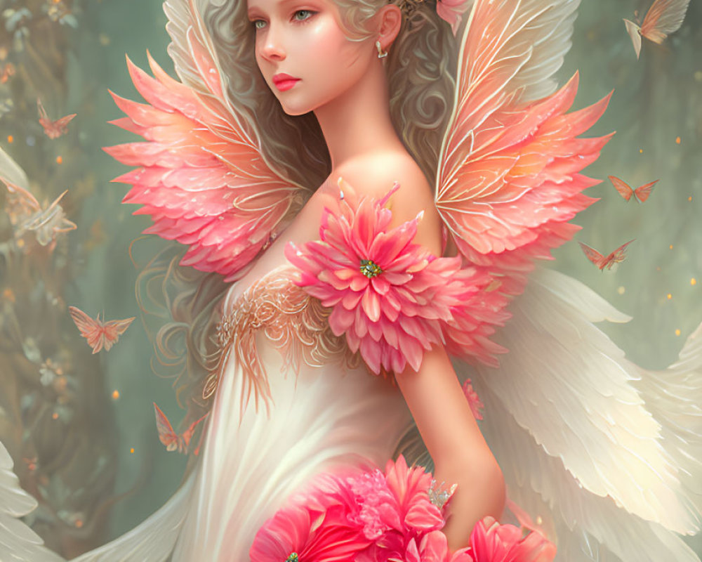 Pink-winged fairy surrounded by butterflies in enchanted forest