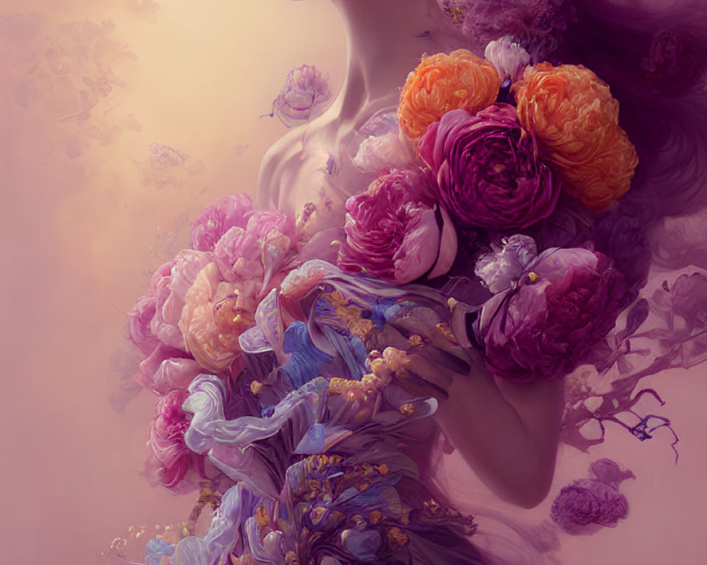 Woman in flowing gown with vibrant flowers against soft purple backdrop