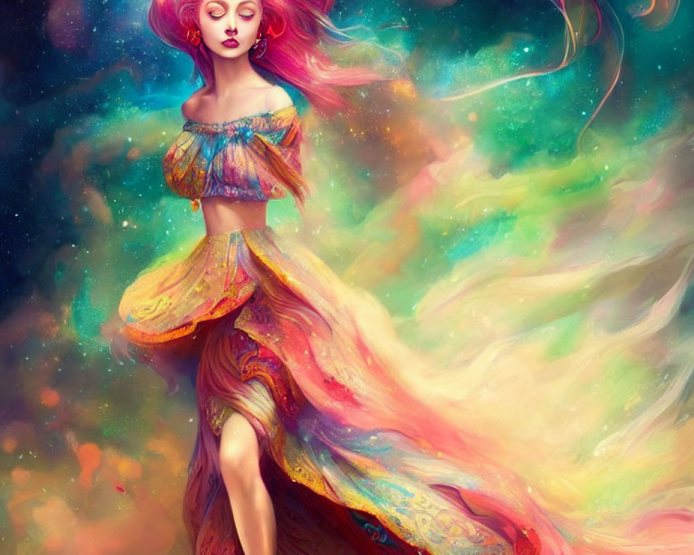 Colorful artwork of woman with pink hair in galaxy background