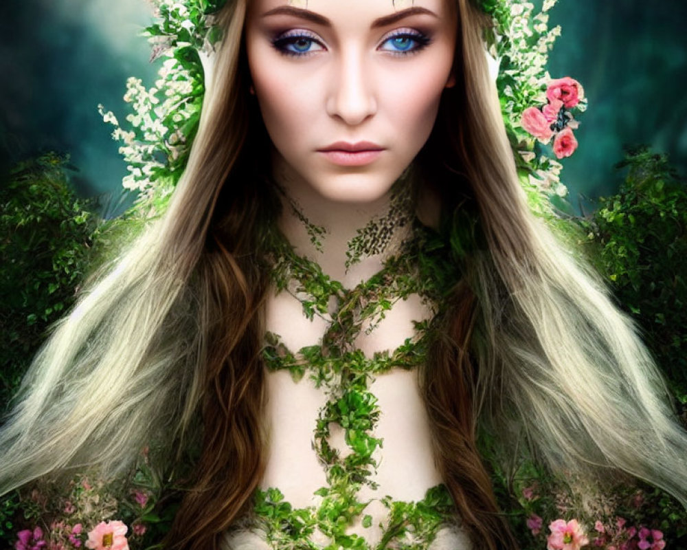 Mystical woman portrait with floral crown and vibrant flowers