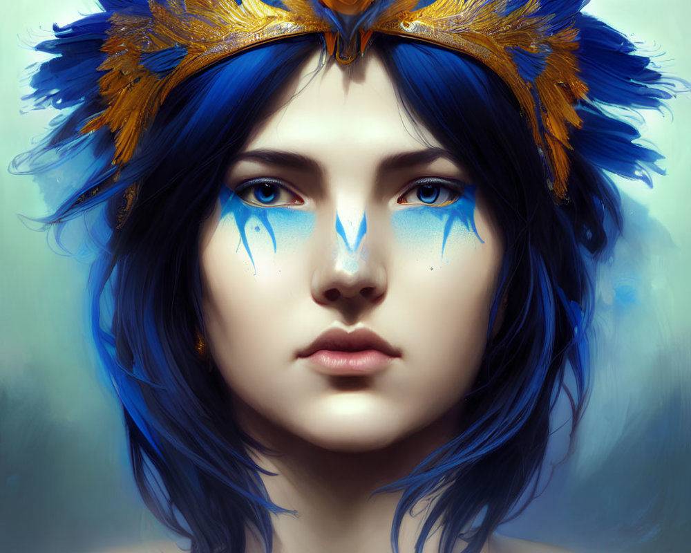 Vibrant digital portrait of woman with blue hair and feathered headpiece