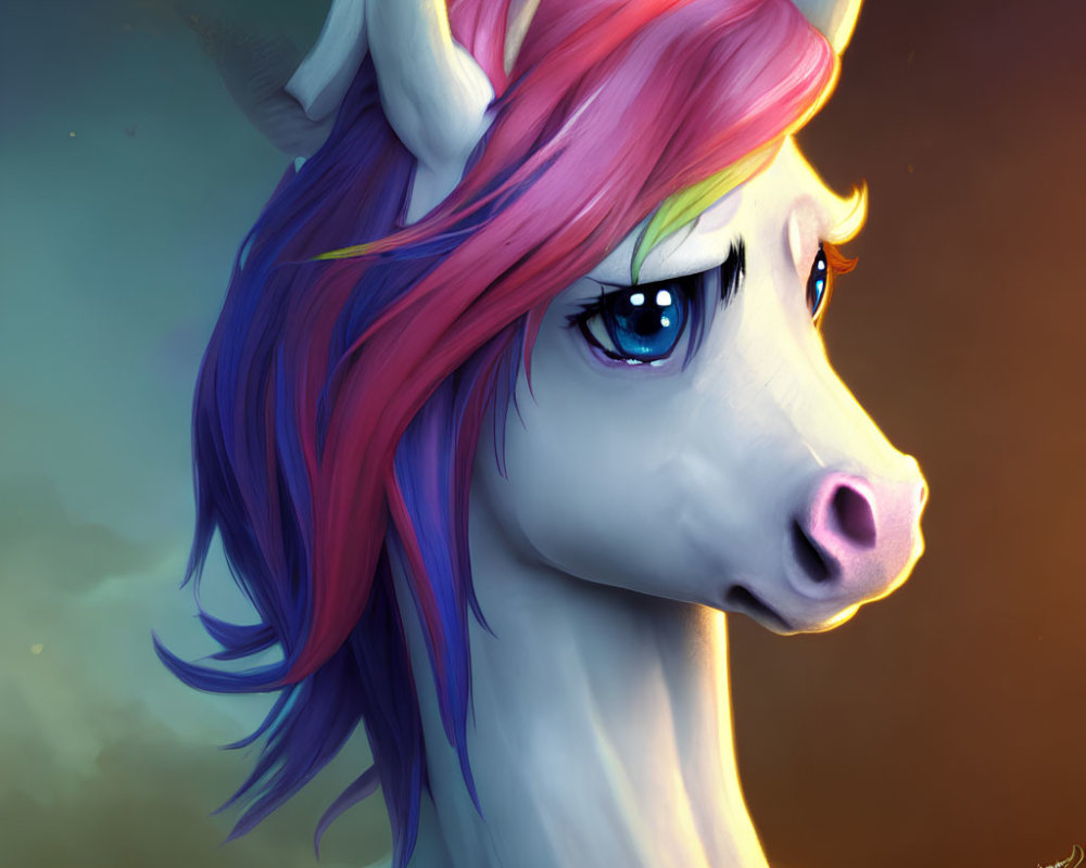 Vibrant digital art: unicorn with rainbow mane and horn on warm background