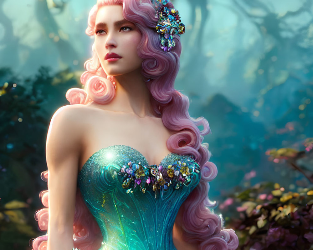 Whimsical woman with pink curly hair in jeweled accessories and teal dress in ethereal forest.