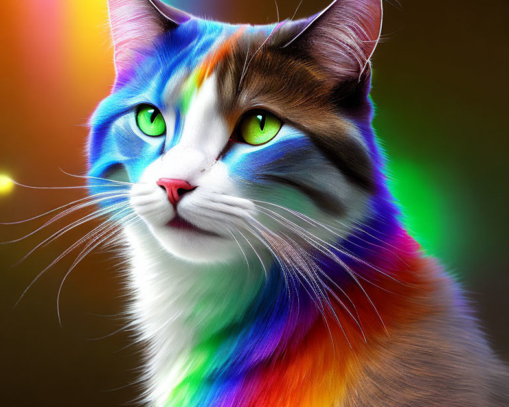 Colorful Rainbow Cat with Green Eyes on Multicolored Background