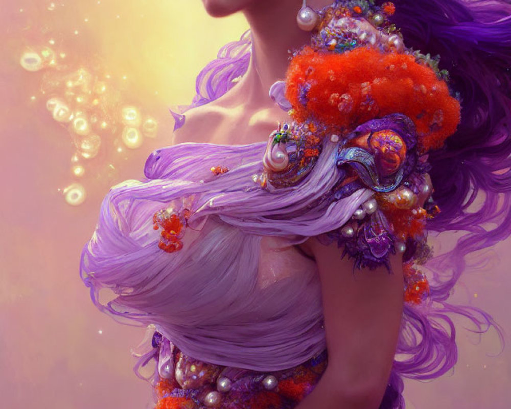 Ethereal woman with orange floral accessories and purple gown surrounded by glowing particles