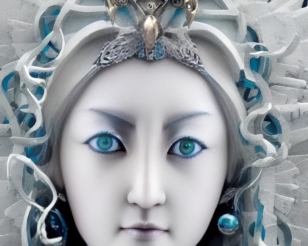 Portrait of a person with blue eyes wearing a white fantasy crown with blue gems