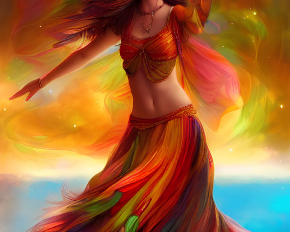 Colorful digital artwork: Woman dancing in vibrant attire against cosmic backdrop