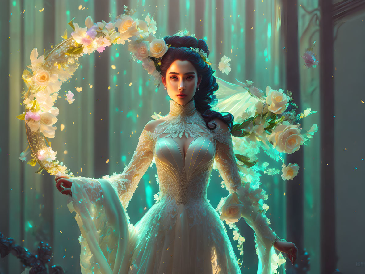 Ethereal woman in ornate white dress in magical floral setting