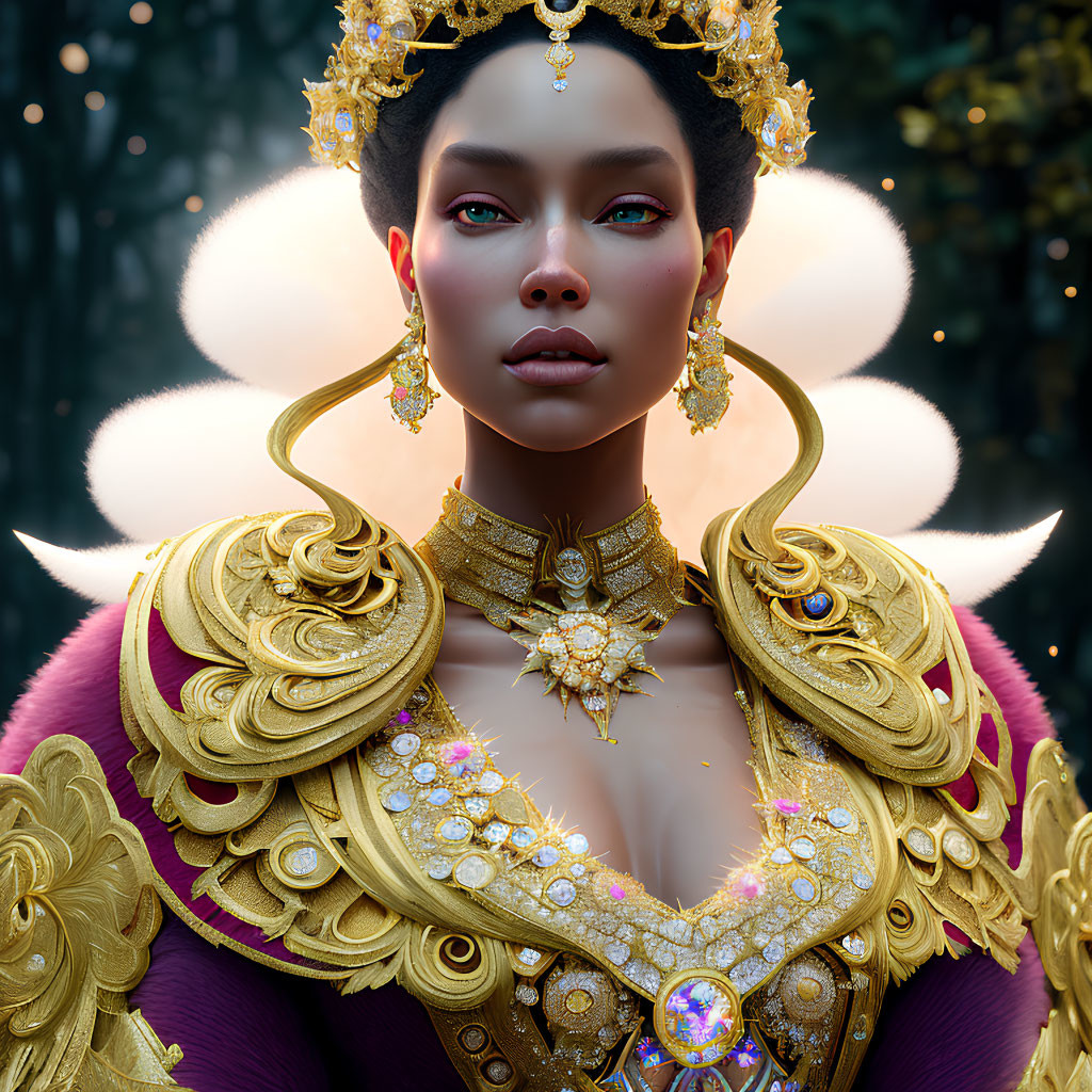 Regal Woman with Gold Jewelry and Crown in Mystical Forest