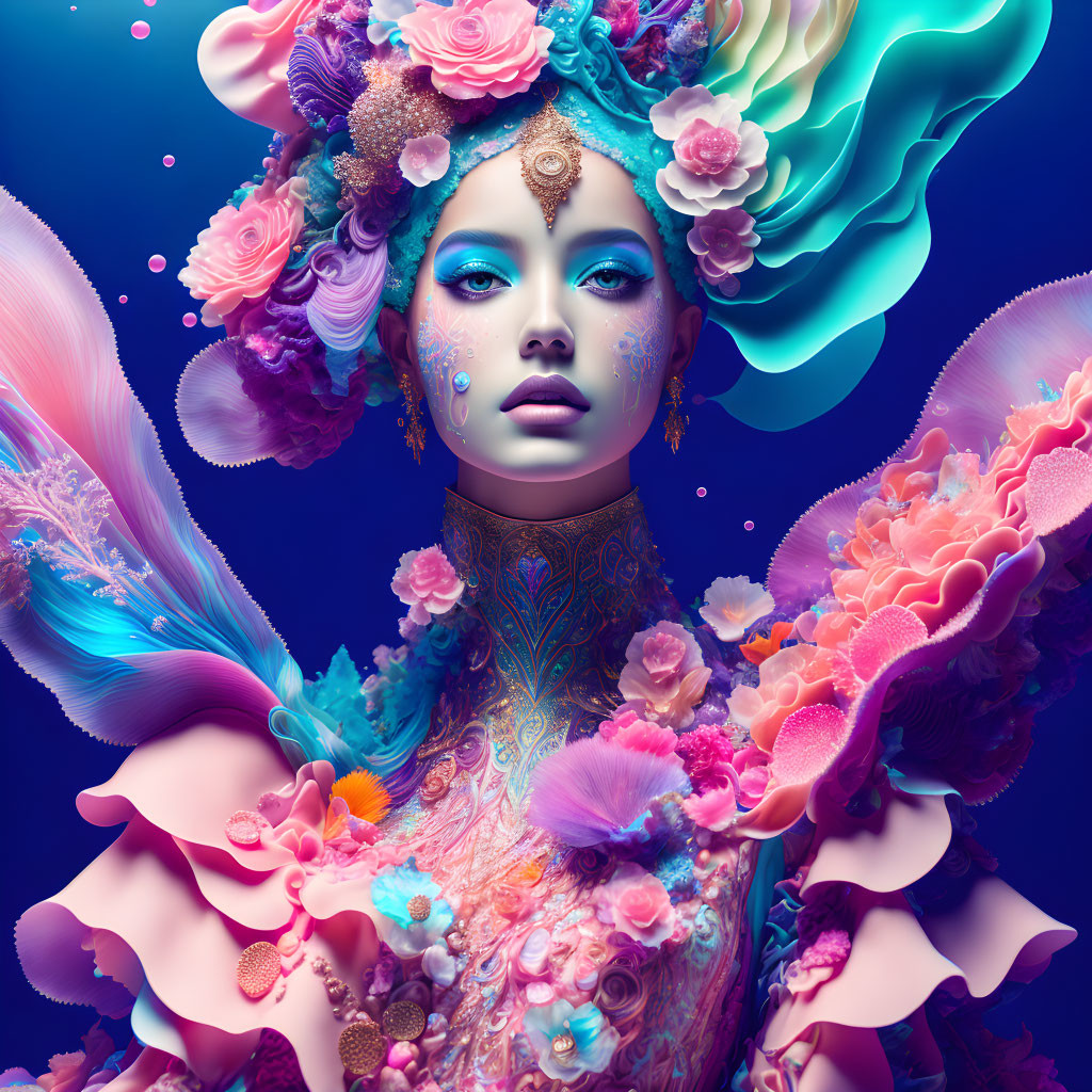 Colorful digital artwork featuring woman with blue skin and ornamental elements