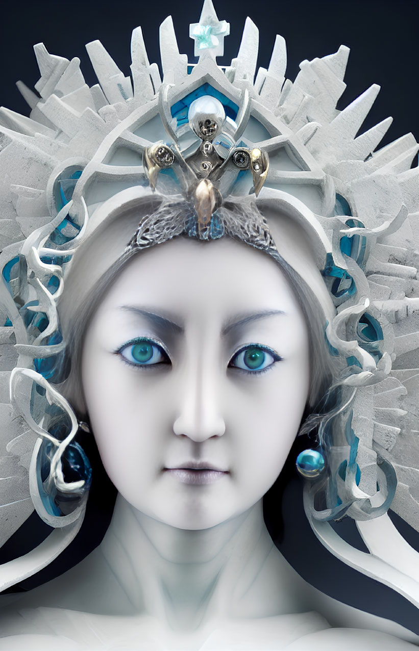 Portrait of a person with blue eyes wearing a white fantasy crown with blue gems