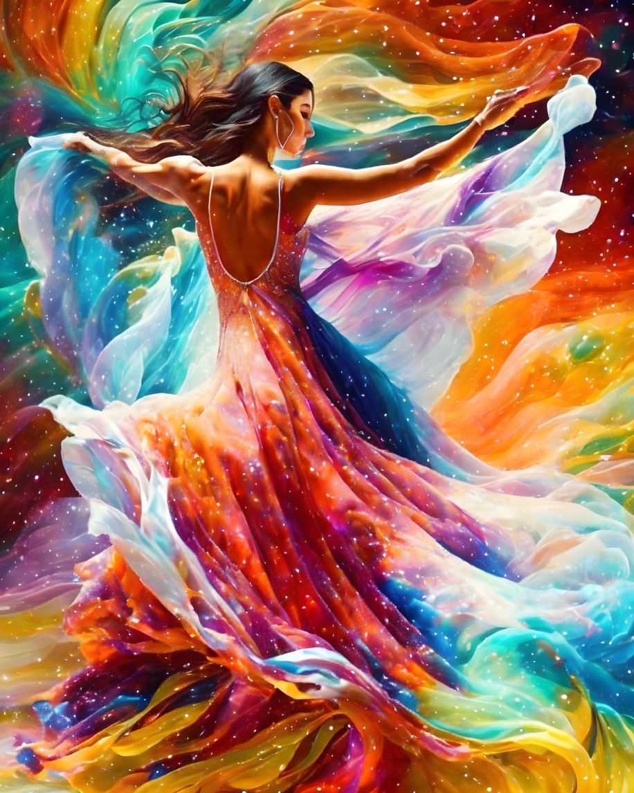 Vibrant woman in flowing dress dances in colorful cosmic galaxy