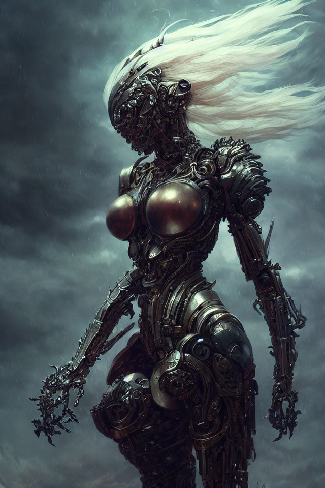 Detailed artwork: Female humanoid robot with metallic parts and white hair in cloudy sky