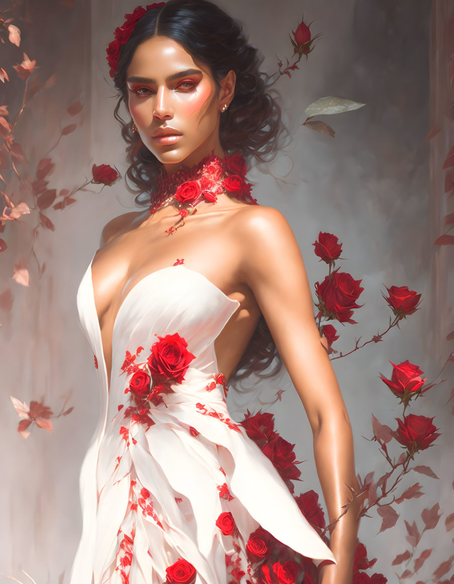 Woman in white gown with red rose embellishments surrounded by roses.