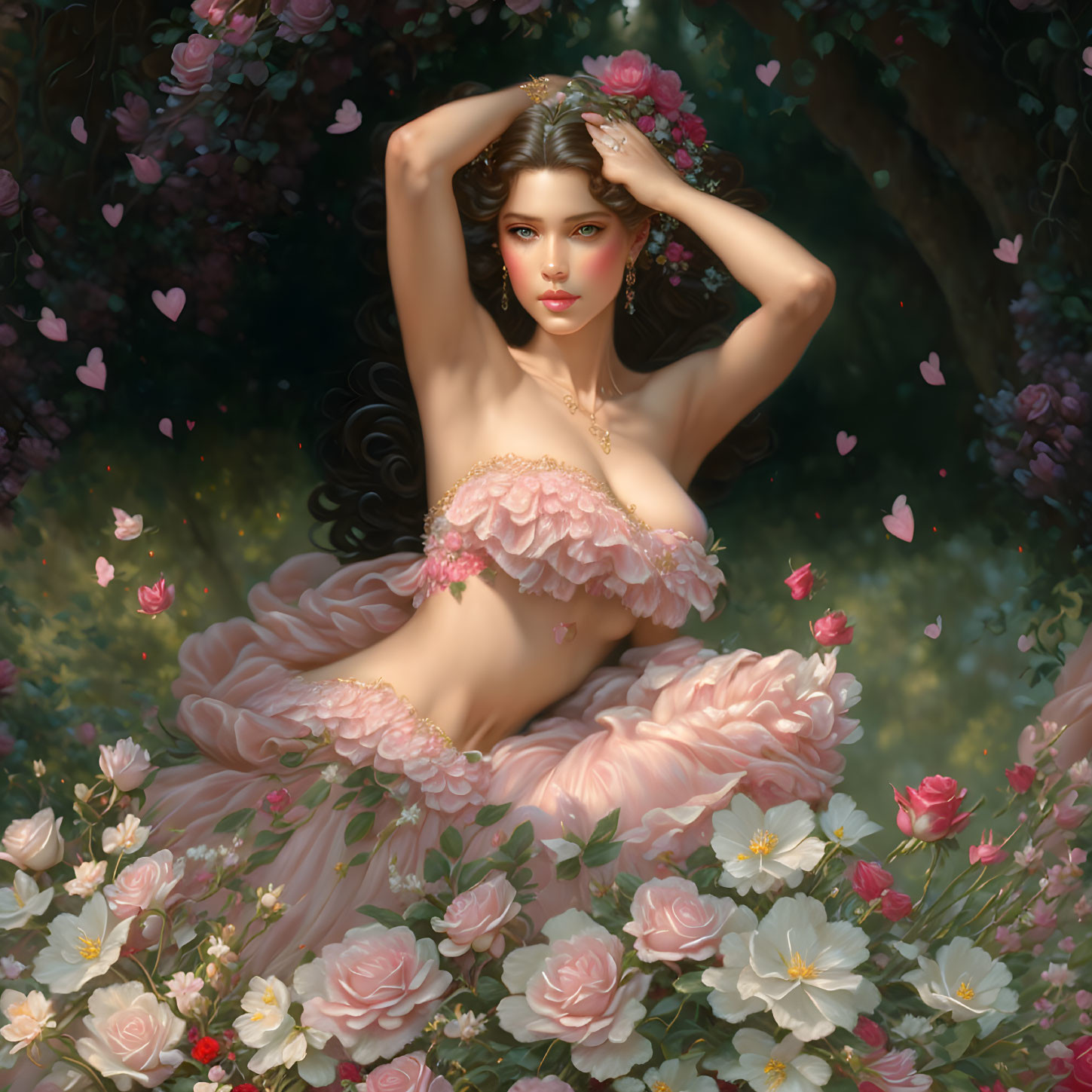 Woman in Pink Dress Surrounded by Floating Rose Petals in Magical Garden