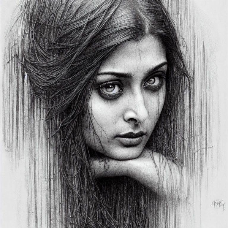 Detailed pencil sketch of a woman with penetrating eyes and flowing hair.