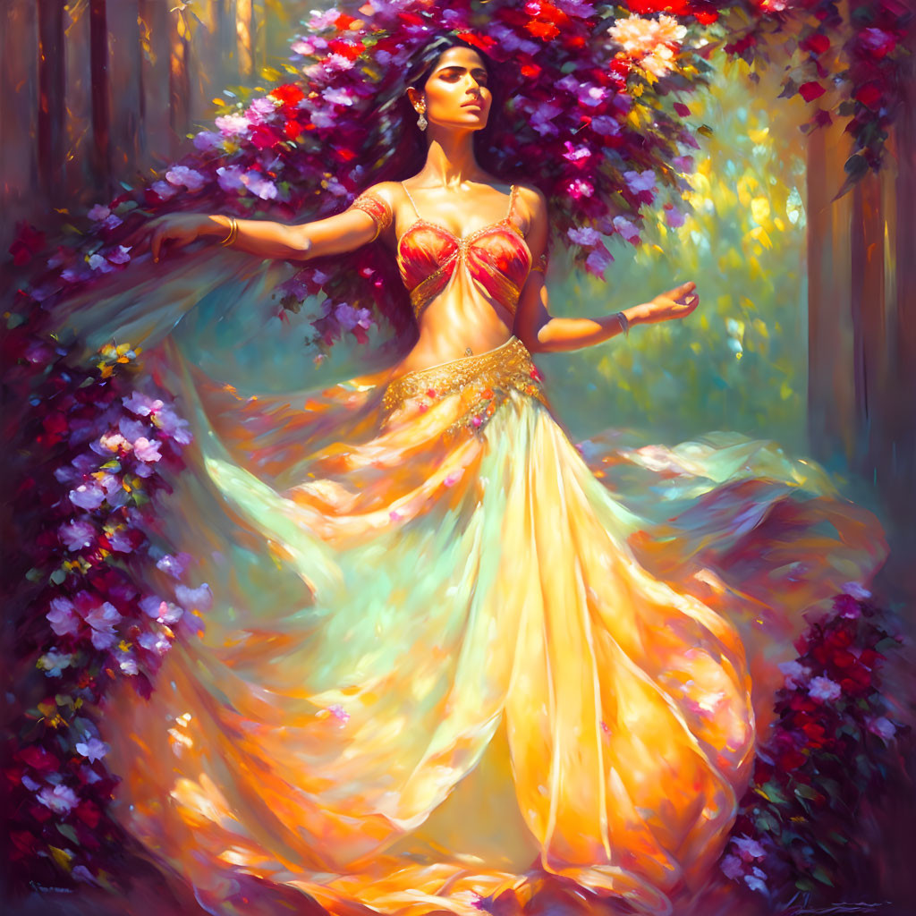 Woman in Yellow Dress Surrounded by Vibrant Flowers