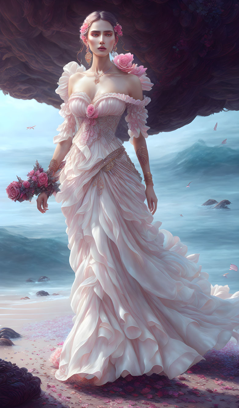 Illustrated woman in white gown with pink floral accents by the sea