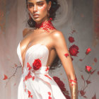 Woman in white gown with red rose embellishments surrounded by roses.