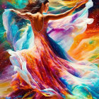 Vibrant woman in flowing dress dances in colorful cosmic galaxy