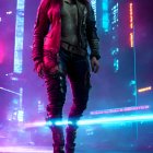 Futuristic attire woman in neon-lit urban setting exudes cyberpunk vibes