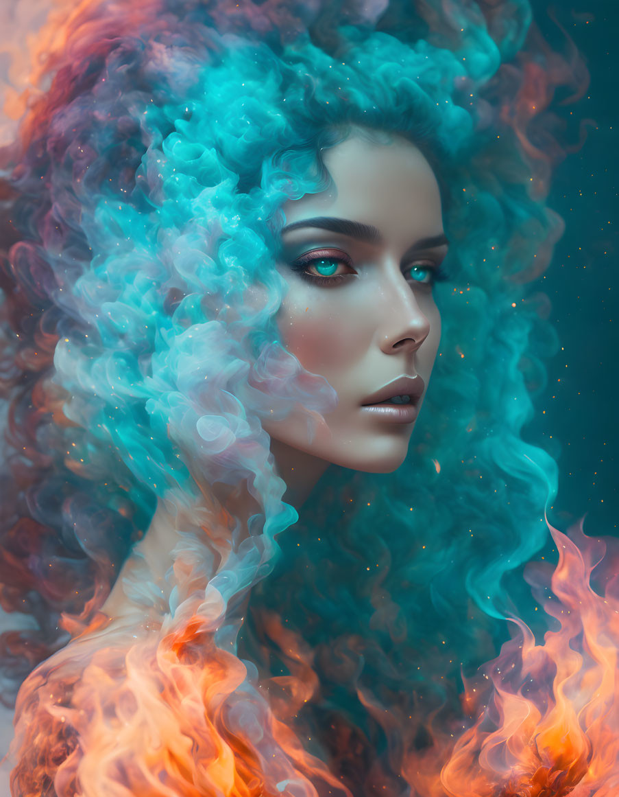 Vibrant blue and fiery orange hair woman in surreal portrait