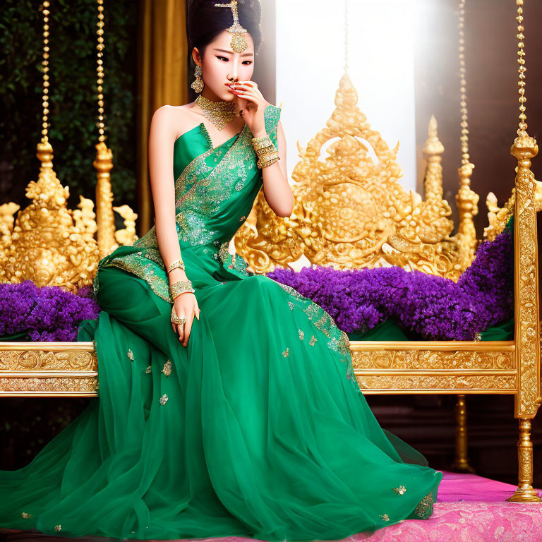 Woman in Green Traditional Dress on Golden Throne Surrounded by Purple Flowers