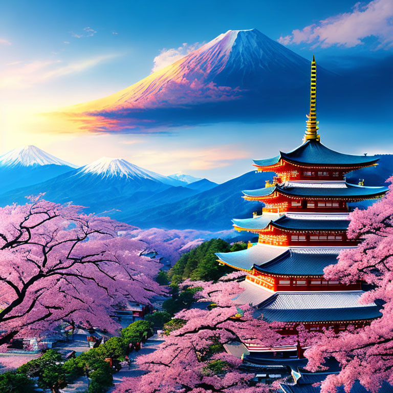 Japanese Pagoda and Cherry Blossoms with Mount Fuji View