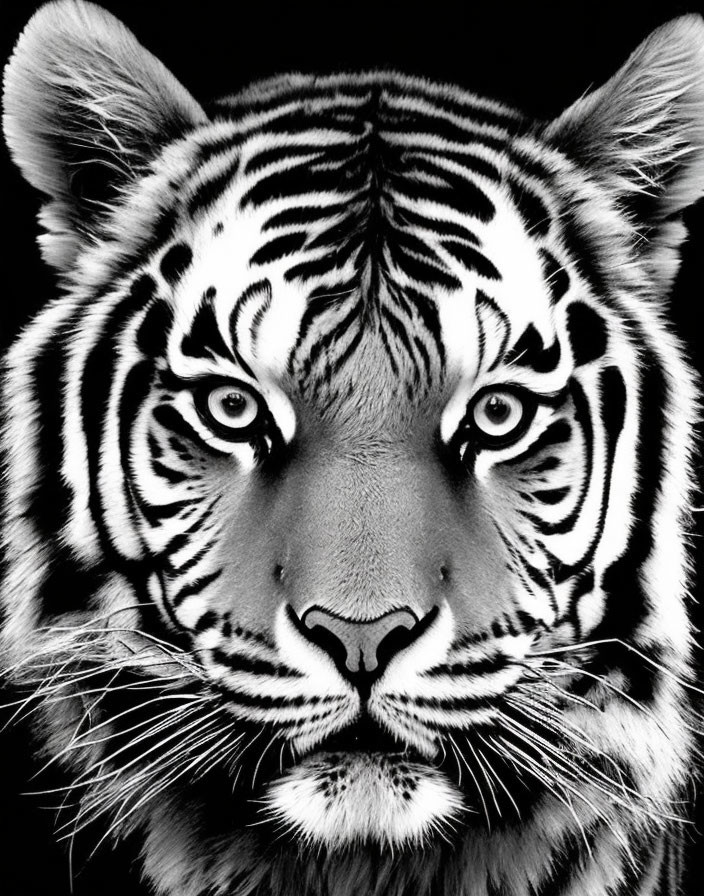 Detailed black and white close-up of a tiger's face with intense eyes and symmetrical stripes.