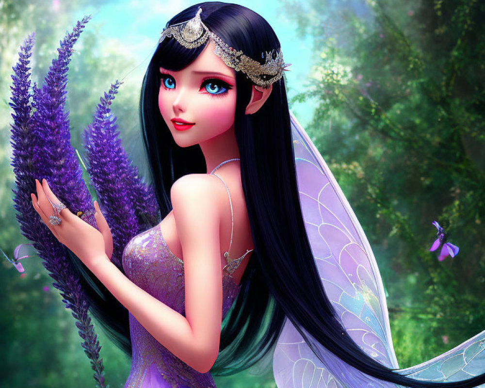 Illustrated fairy with long black hair in purple dress with iridescent wings in enchanted forest with butterflies