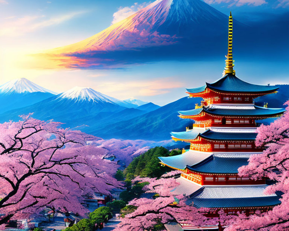 Japanese Pagoda and Cherry Blossoms with Mount Fuji View