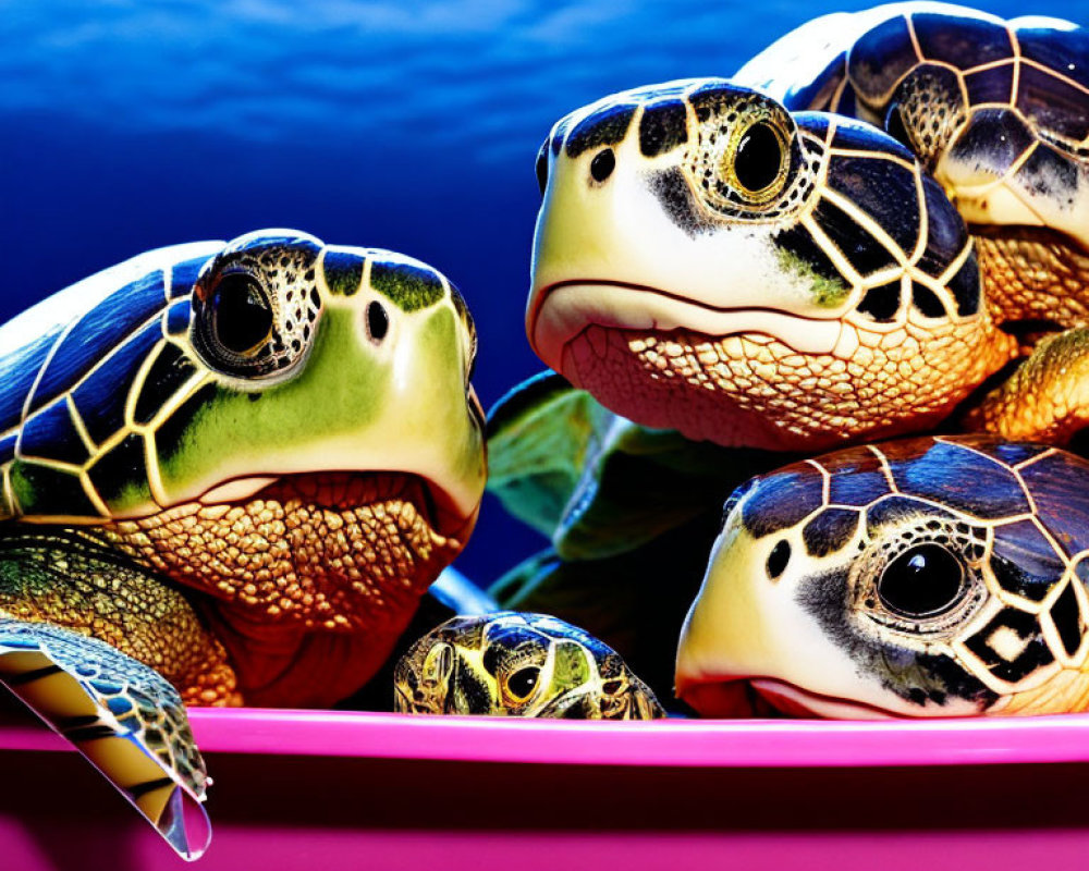 Three sea turtles in pink container against deep blue water.