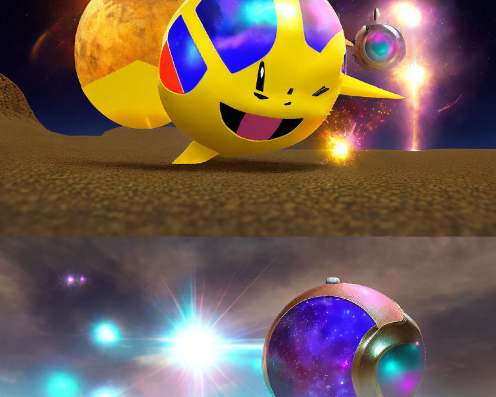 Colorful animated character with cosmic shell under night sky
